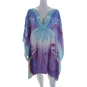 Glamourpuss Womens 3/4 Sleeve V Neck Printed Draped Dress Blue Purple Size Large